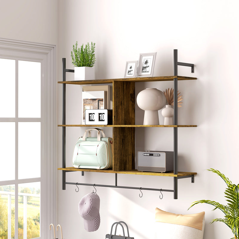 HOMCOM Wall Shelf Unit with 4 Hooks for Living Room