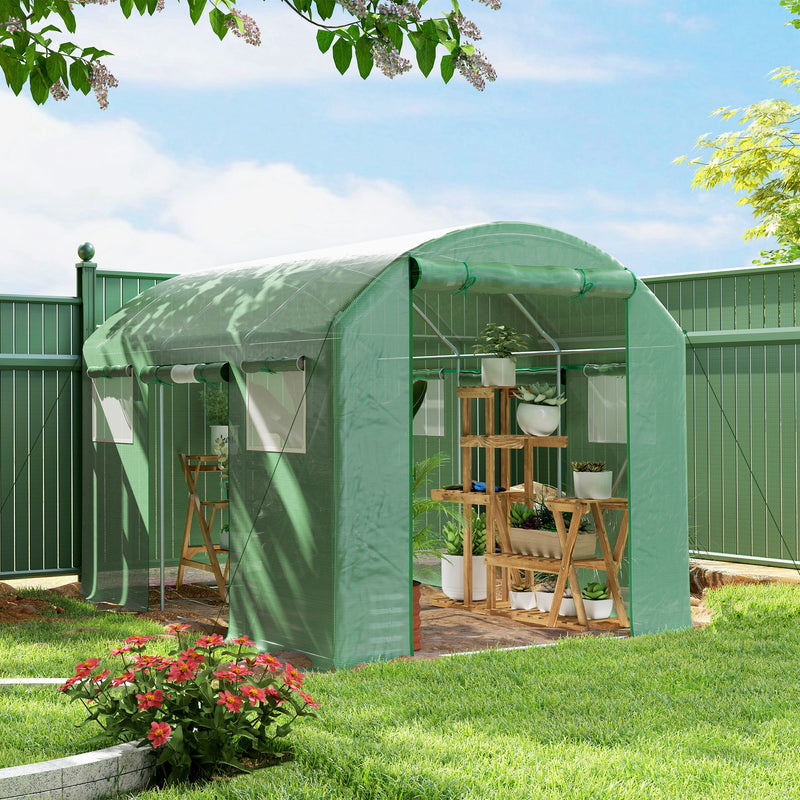 Outsunny Polytunnel Greenhouse with 3 Roll-up Doors, Green