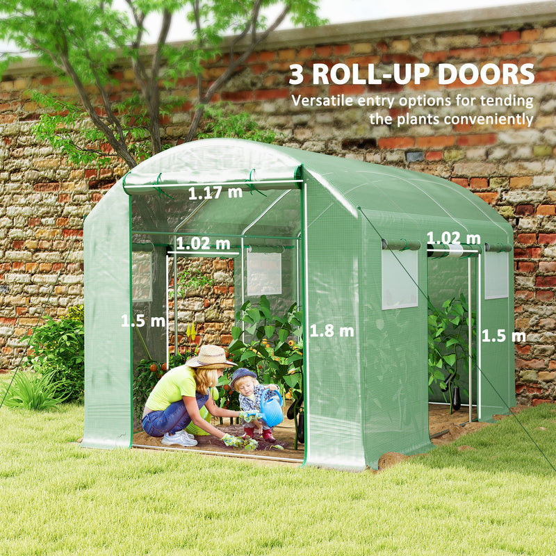 Outsunny Polytunnel Greenhouse with 3 Roll-up Doors, Green