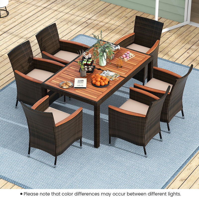 7 Pieces Patio Wicker Dining Set Acacia Wood Table And 6 Stackable Cha