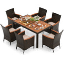 7 Pieces Patio Wicker Dining Set Acacia Wood Table And 6 Stackable Chairs