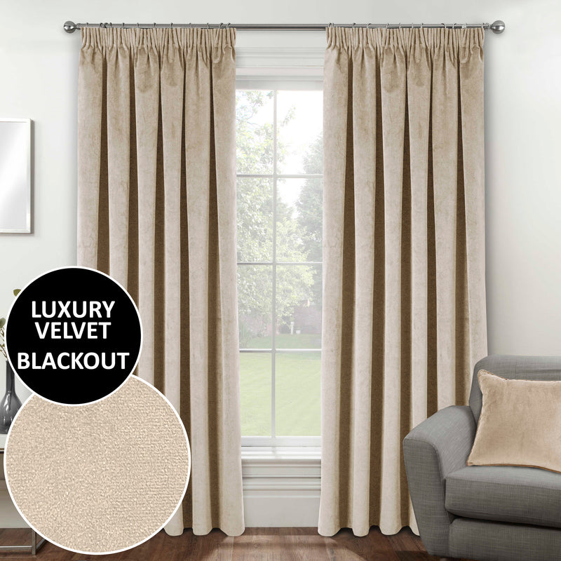 Luxury Enhanced Living Cream Velvet, Supersoft, 100% Blackout, Thermal Curtains with Tape Top - Pair