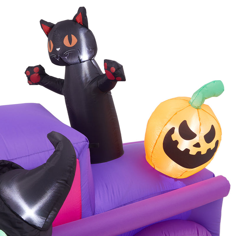 5ft Halloween Witch Driving a Car with Horror Frankenstein, Black Cat and Jack-o'-lantern Inflatable with Build-In LED