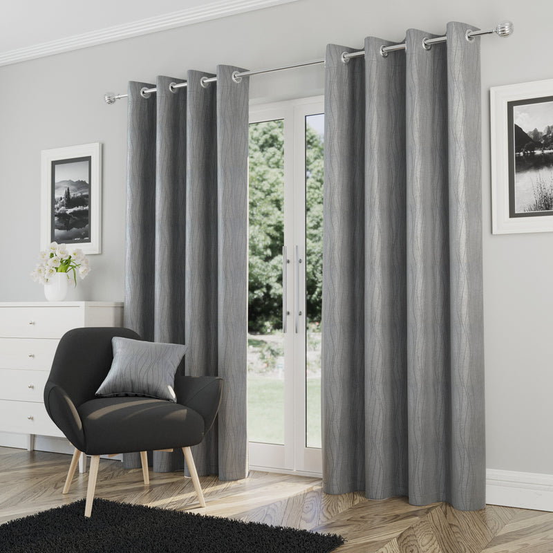 Enhanced Living Goodwood Silver Thermal, Energy Saving, Dimout Eyelet Curtains with Wave Pattern - Pair