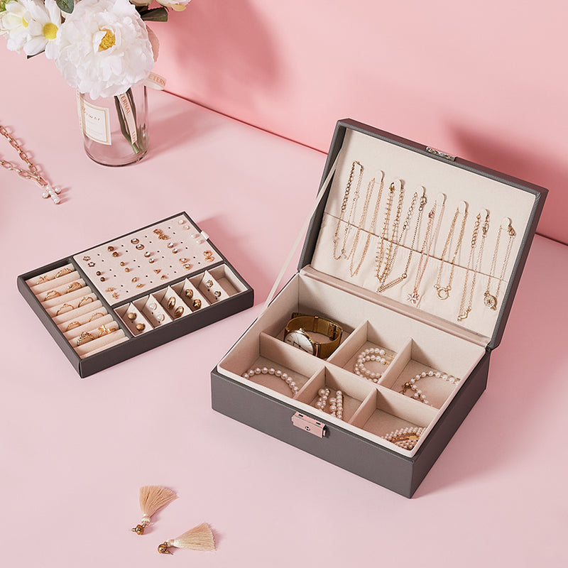 Sheonly Lockable Double Tier Faux Leather Jewellery Organizer