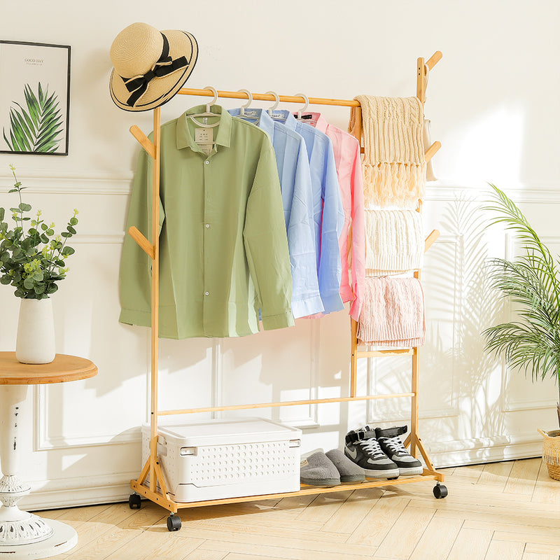 Livingandhome Bamboo Clothes Rack with Bottom Shelf Shoe Clothing Organizer