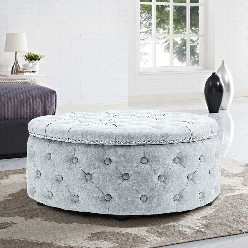 Livingandhome Grey Linen Round Ottoman with Studded Edge