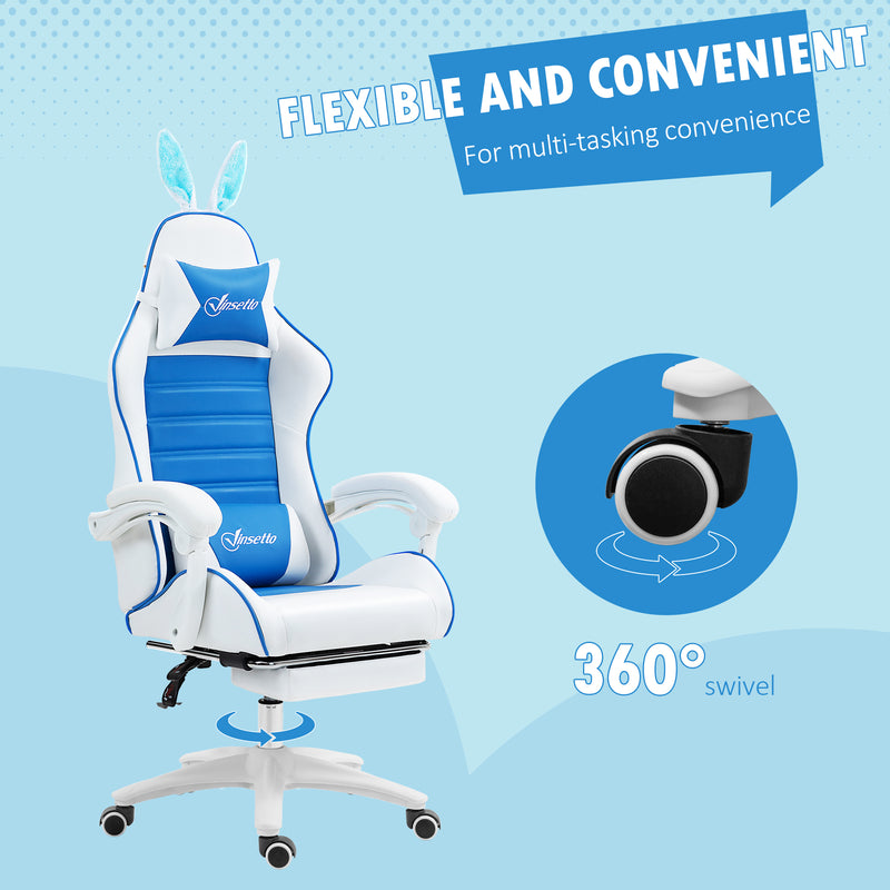 Vinsetto Racing Style Gaming Chair With Footrest Removable Rabbit Ears, Blue