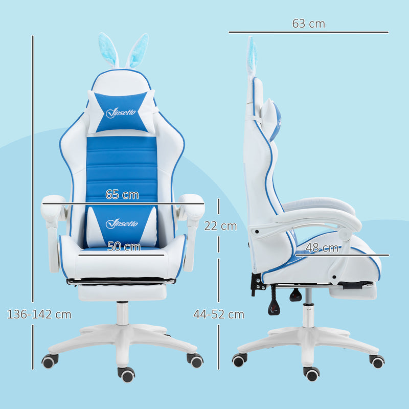 Vinsetto Racing Style Gaming Chair With Footrest Removable Rabbit Ears, Blue