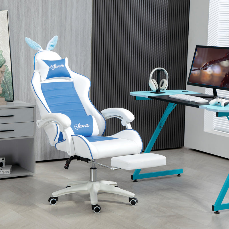 Vinsetto Racing Style Gaming Chair With Footrest Removable Rabbit Ears, Blue