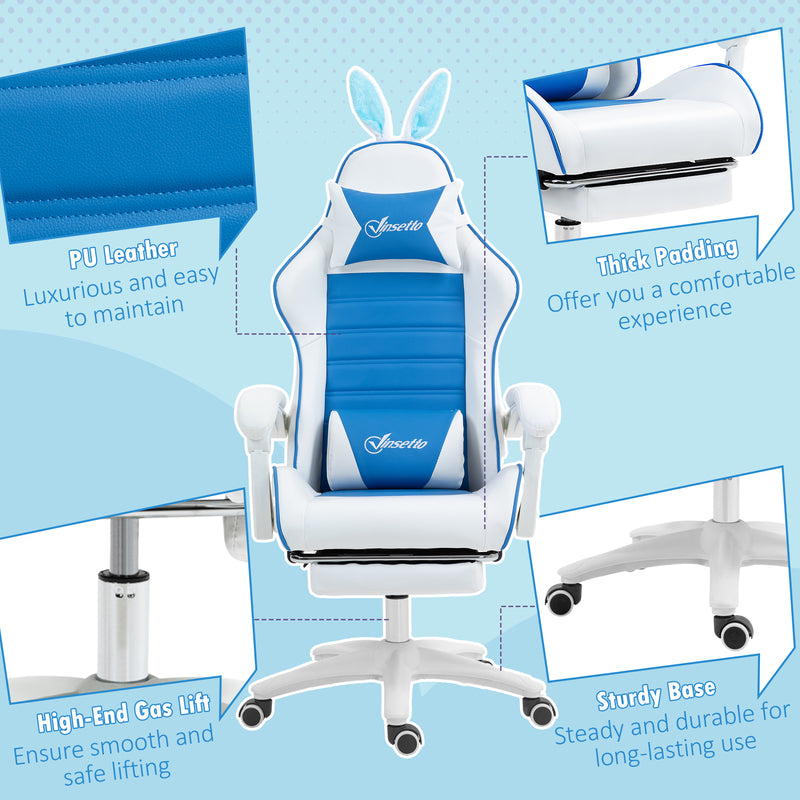 Vinsetto Racing Style Gaming Chair With Footrest Removable Rabbit Ears, Blue