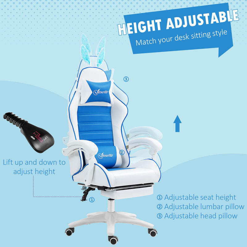 Vinsetto Racing Style Gaming Chair With Footrest Removable Rabbit Ears, Blue