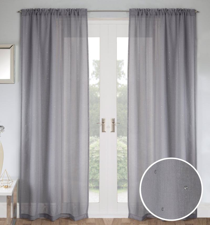 Pair of Jewel Grey Voile Panels with Sparkle Pattern and Rod Pocket Header