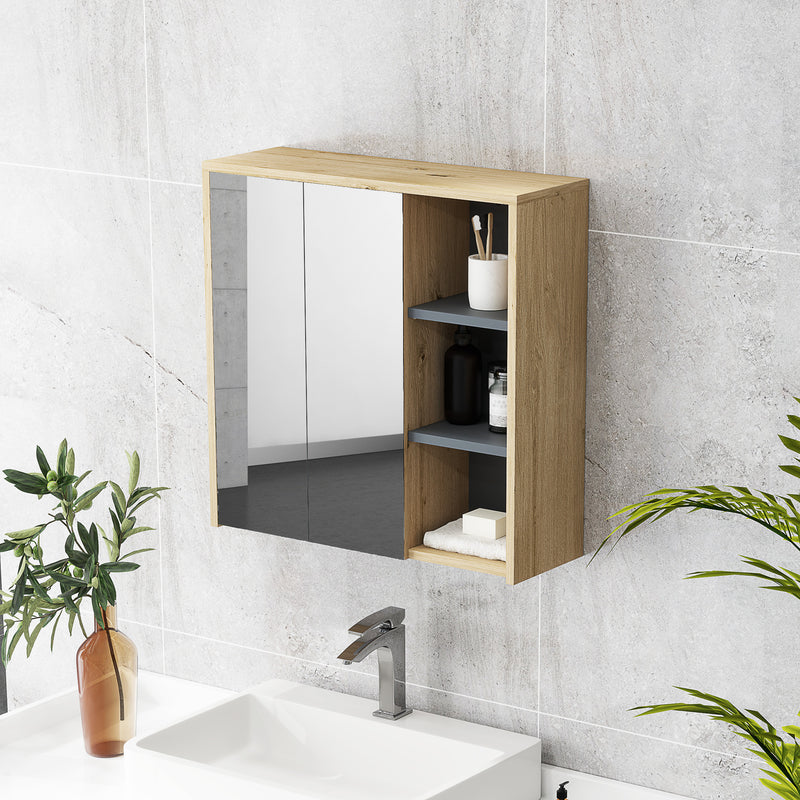 HOMCOM Bathroom Cabinet Wall Mounted Mirror Storage with Shelves Natural