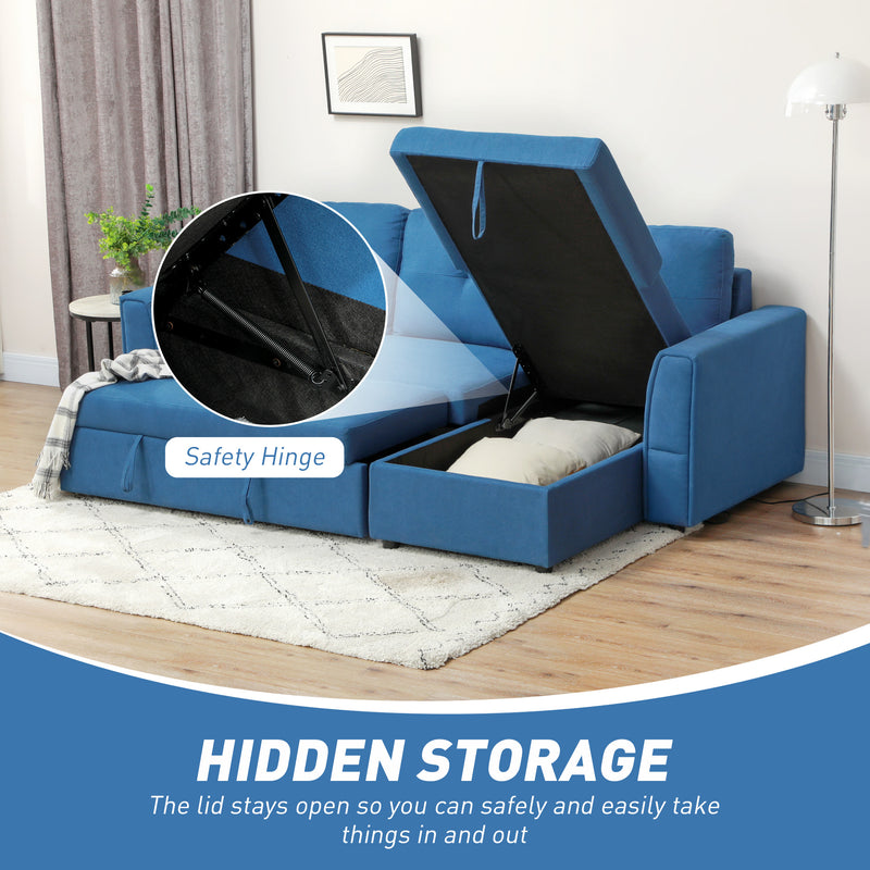 HOMCOM Dark Blue 3 Seater Sofa Bed, Convertible Pull Out Sofa with Storage