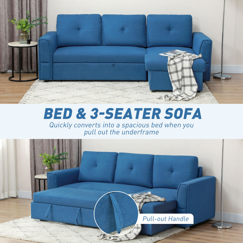HOMCOM Dark Blue 3 Seater Sofa Bed, Convertible Pull Out Sofa with Storage