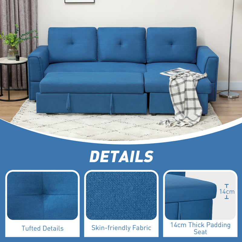 HOMCOM Dark Blue 3 Seater Sofa Bed, Convertible Pull Out Sofa with Storage
