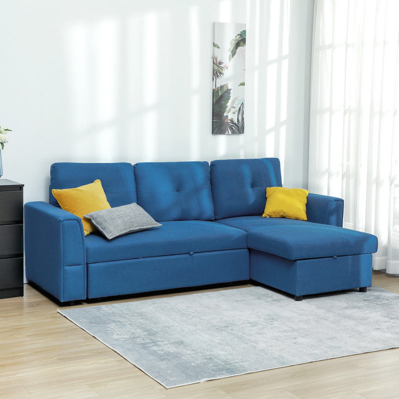 HOMCOM Dark Blue 3 Seater Sofa Bed, Convertible Pull Out Sofa with Storage