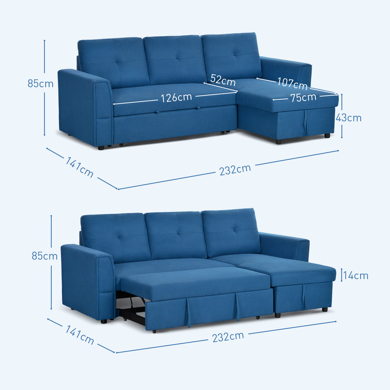 HOMCOM Dark Blue 3 Seater Sofa Bed, Convertible Pull Out Sofa with Storage