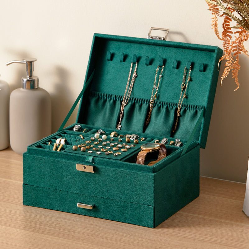 Sheonly 3-Tier Dark Green Velvet Jewellery Box with Lock