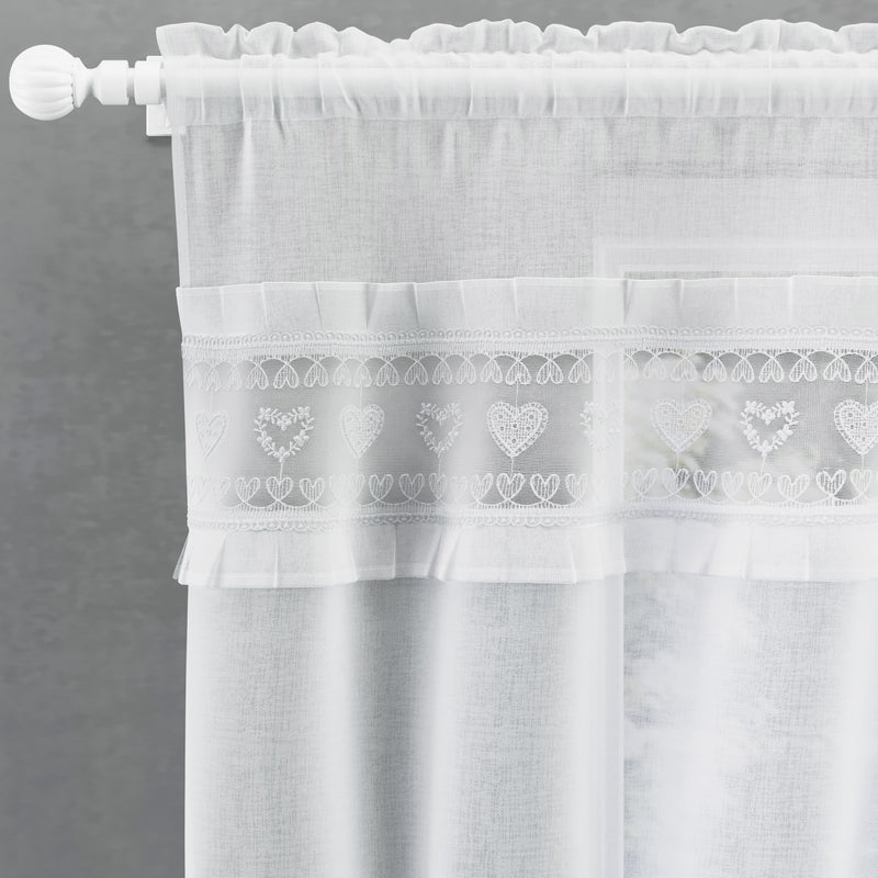 Tyrone Textiles Lucy White Embroidered Heart Kitchen Window Set Curtain Pair with Frill Edging and Matching Tie Backs