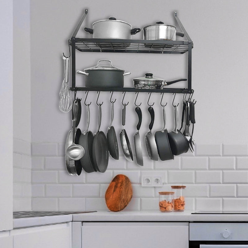 Lifeideas Wall-Mounted 2 Tiers Pan Rack Pot Holders Storage with 10 Hooks Black