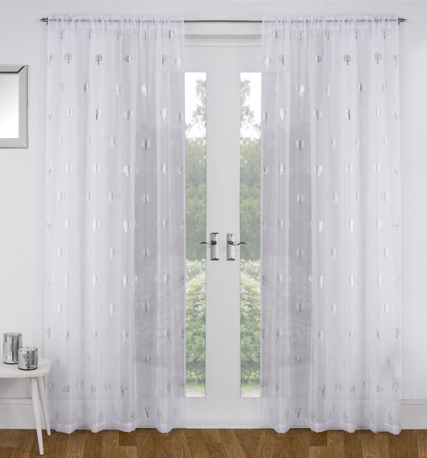 Birch White Metallic Tree Print Linen-Look Voile Panel - Pair