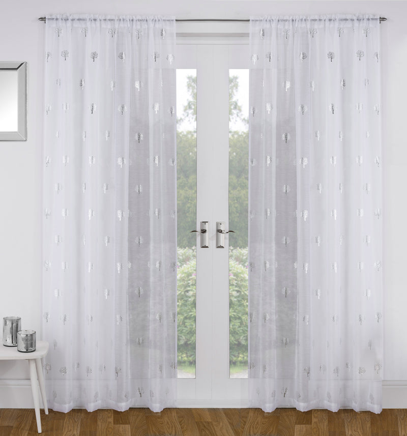 Birch White Metallic Tree Print Linen-Look Voile Panel - Pair