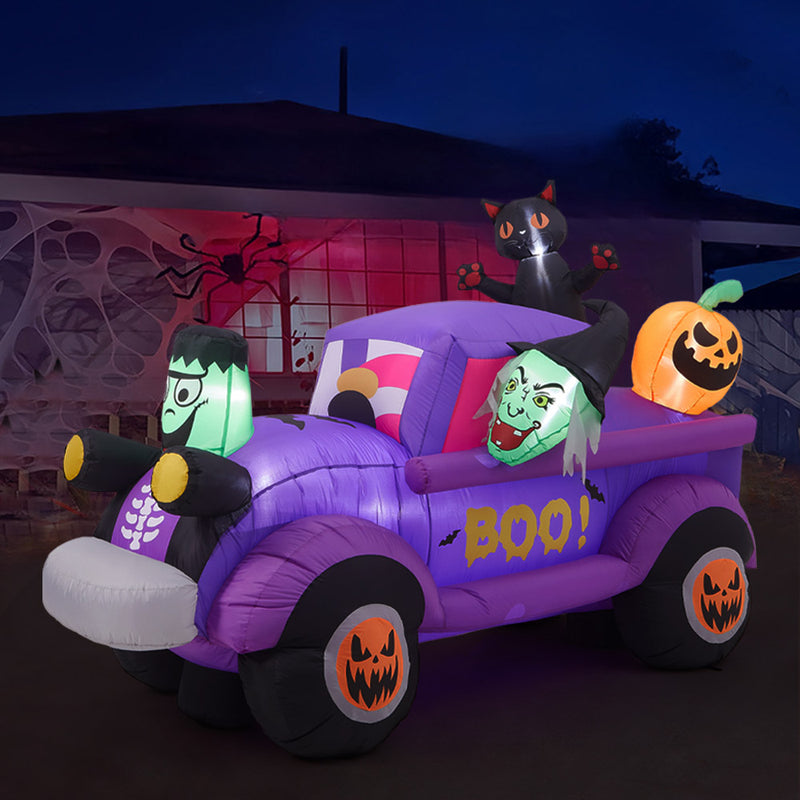 5ft Halloween Witch Driving a Car with Horror Frankenstein, Black Cat and Jack-o'-lantern Inflatable with Build-In LED
