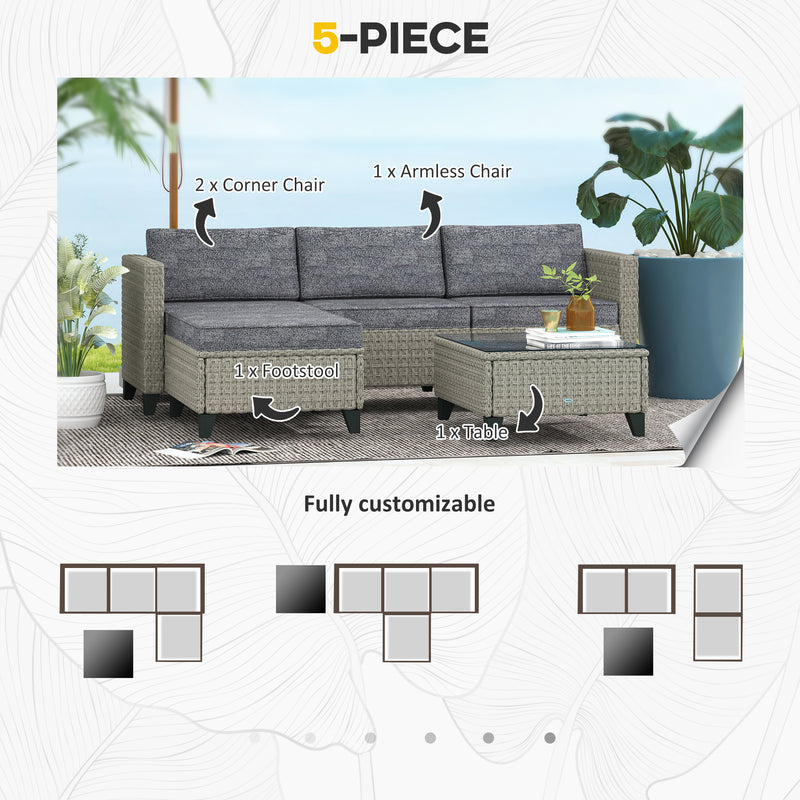 Outsunny 5 PCs Rattan Garden Furniture Set With Glass Coffee Table Dark Grey