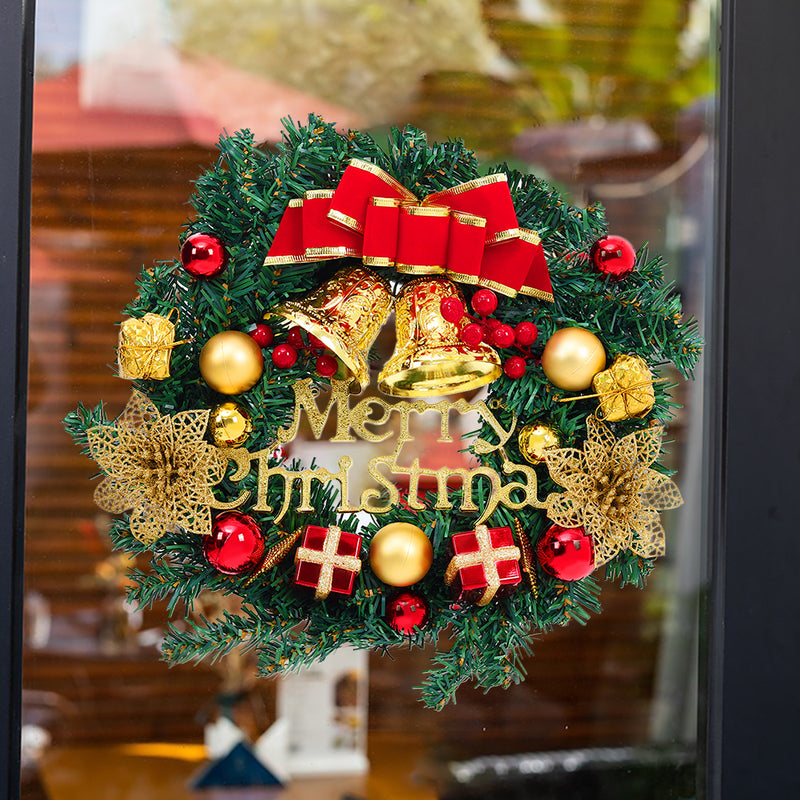 Livingandhome 30cm Christmas Artificial Wreath with Xmas Baubles Bells Bow Knots