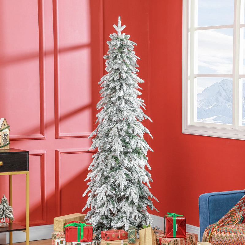 HOMCOM 6ft Flocked Pencil Christmas Tree With Auto Open, Steel Base