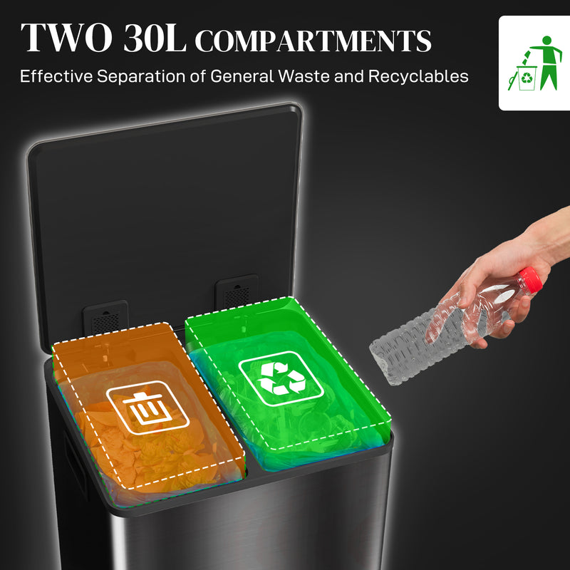 HOMCOM 2 x 30L Double Kitchen Bin, Pedal Bin with Soft-Close Lid, Black