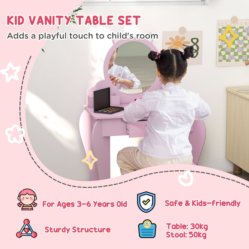 ZONEKIZ Kids Dressing Table, Cat Design w/ Mirror, Stool, Drawer, Storage Box