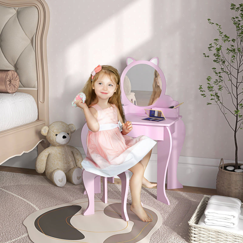 ZONEKIZ Kids Dressing Table, Cat Design w/ Mirror, Stool, Drawer, Storage Box