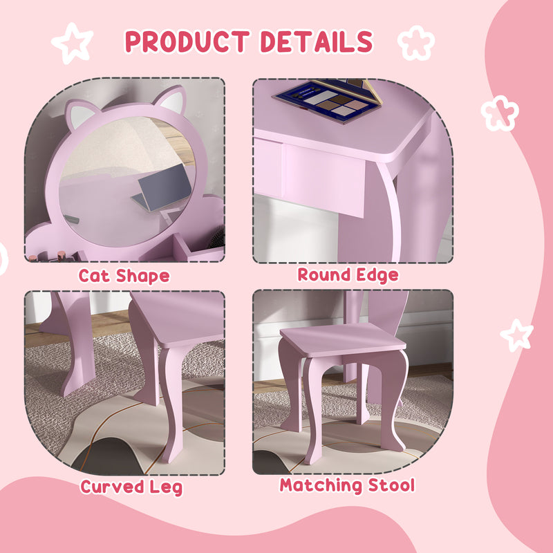 ZONEKIZ Kids Dressing Table, Cat Design w/ Mirror, Stool, Drawer, Storage Box