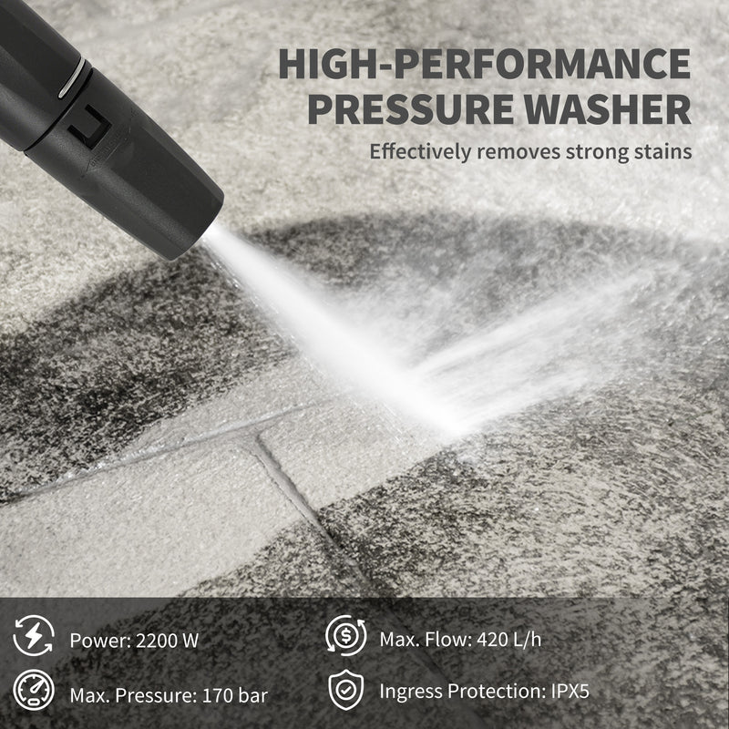 Outsunny 2200W Power Washer 170 Bar Pressure with Adjustable Nozzle