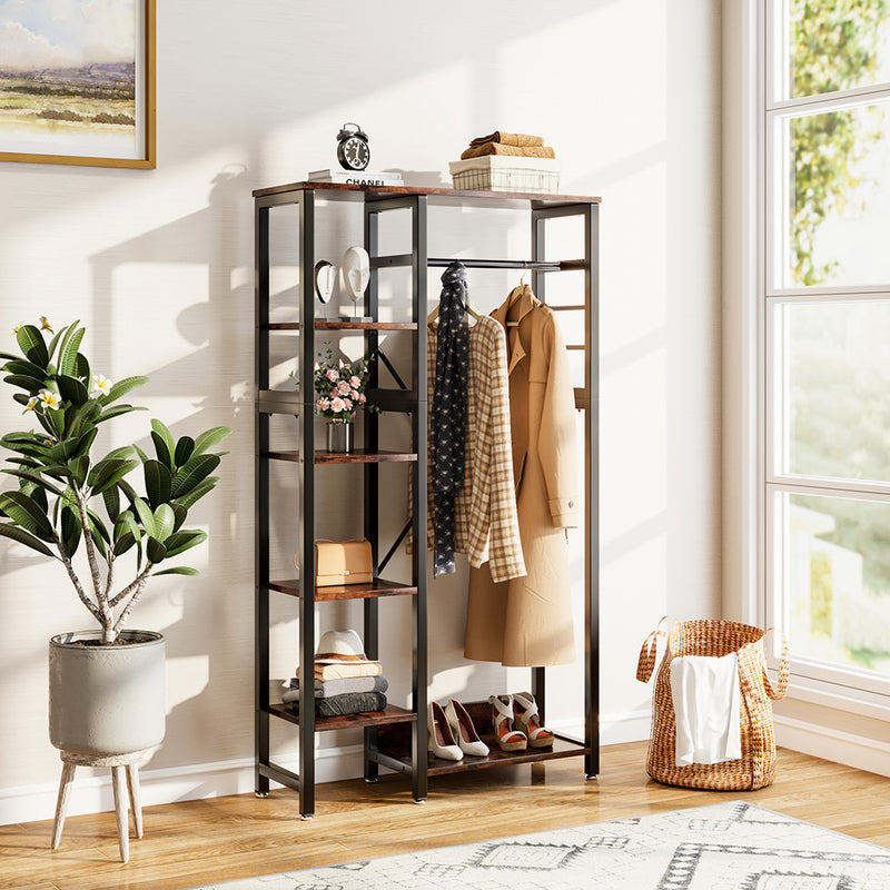 Livingandhome Rustic Brown Clothes Rack with Storage Shelves