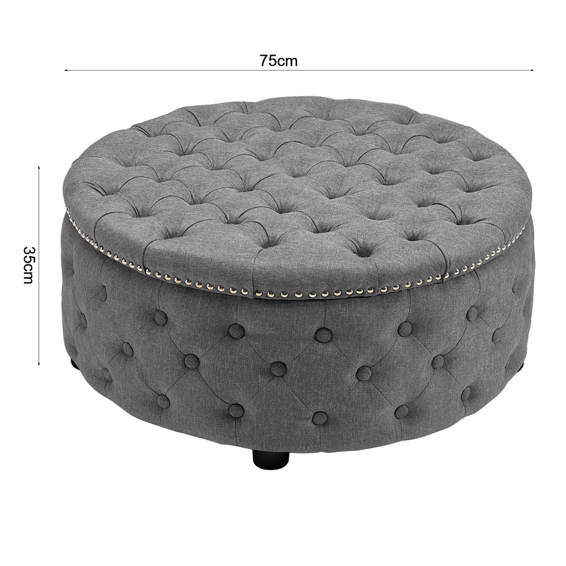 Livingandhome Round Linen Ottoman with Rubberwood Legs