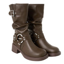PU Leather Fashionable Western-Style Mid-Calf Boots