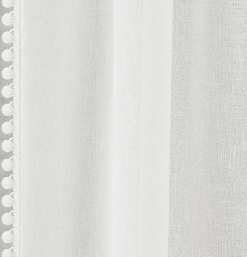 Pair of Tahiti  White Pom-Pom Trim Linen Look Voile Panels with Rod Pocket Header