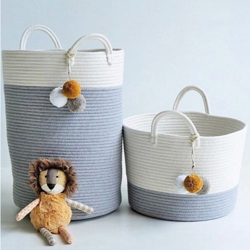 Lifeideas Woven Basket Baby Kids Toys Storage Clothes Hamper Laundry Basket With Pom Poms Grey