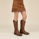 PU Leather Fashionable Western-Style Mid-Calf Cowboy Boots - Brown