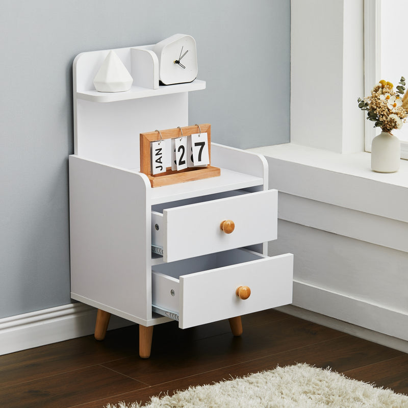 Livingandhome Wooden 2-Drawer Bedside Table Nightstand with a Shelf and Wooden Legs
