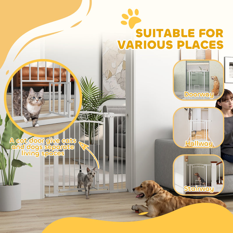 PawHut Stair Gate with Cat Door, Adjustable Width - White