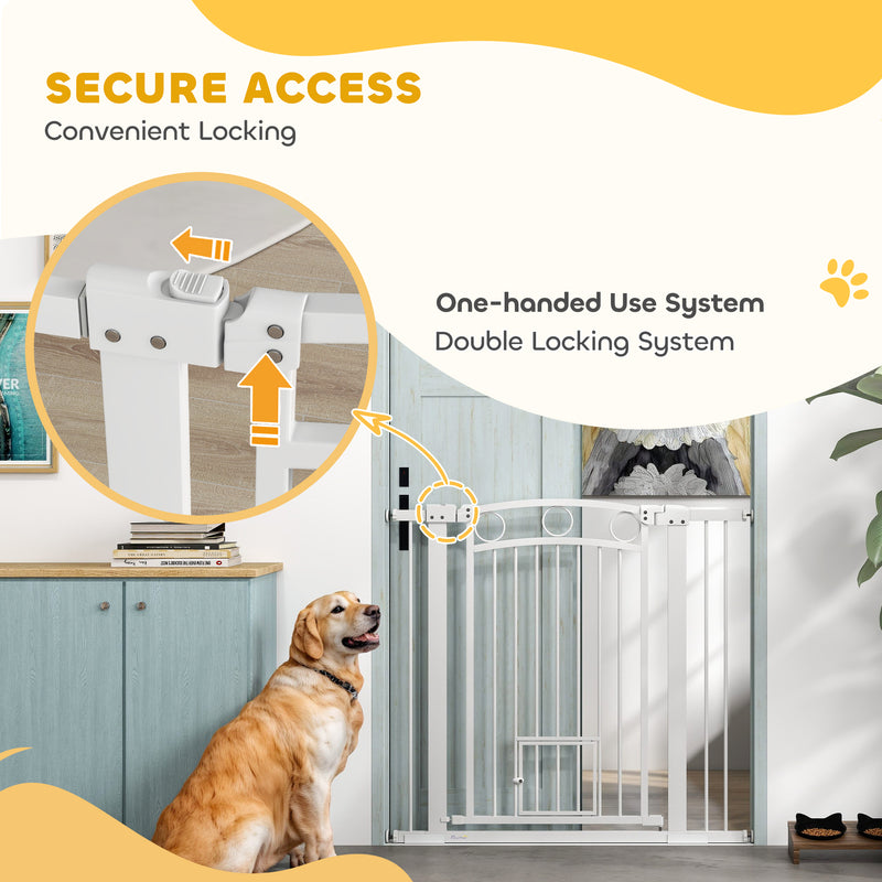 PawHut Stair Gate with Cat Door, Adjustable Width - White