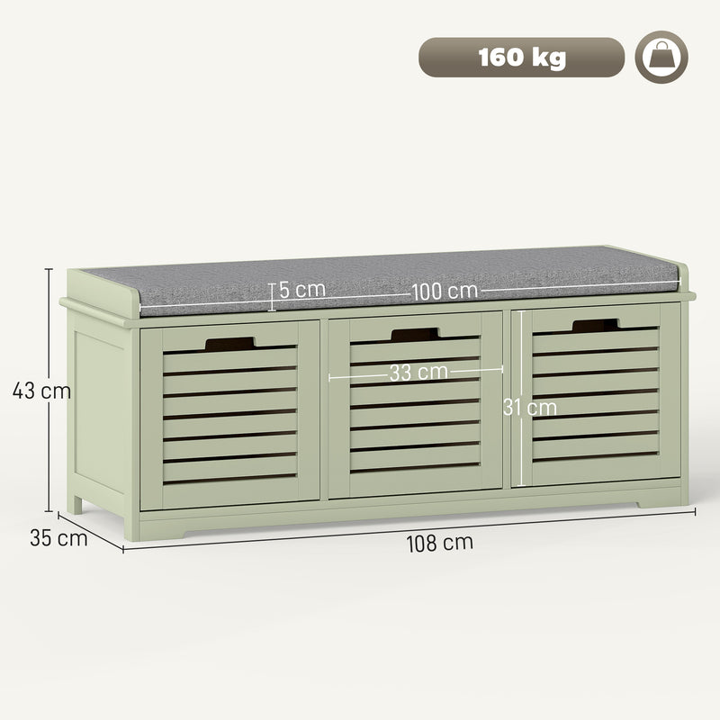 HOMCOM 3-Door Shoe Storage Bench Cushion Seat Slatted Doors