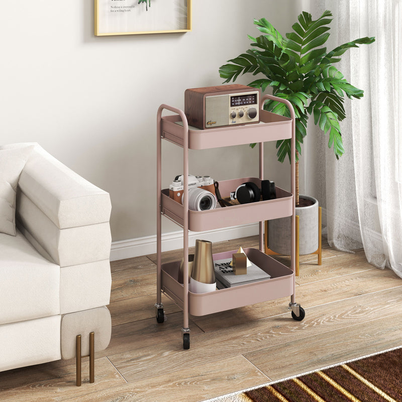 HOMCOM 3 Tier Rolling Utility Cart with 3 Mesh Basket, Pink