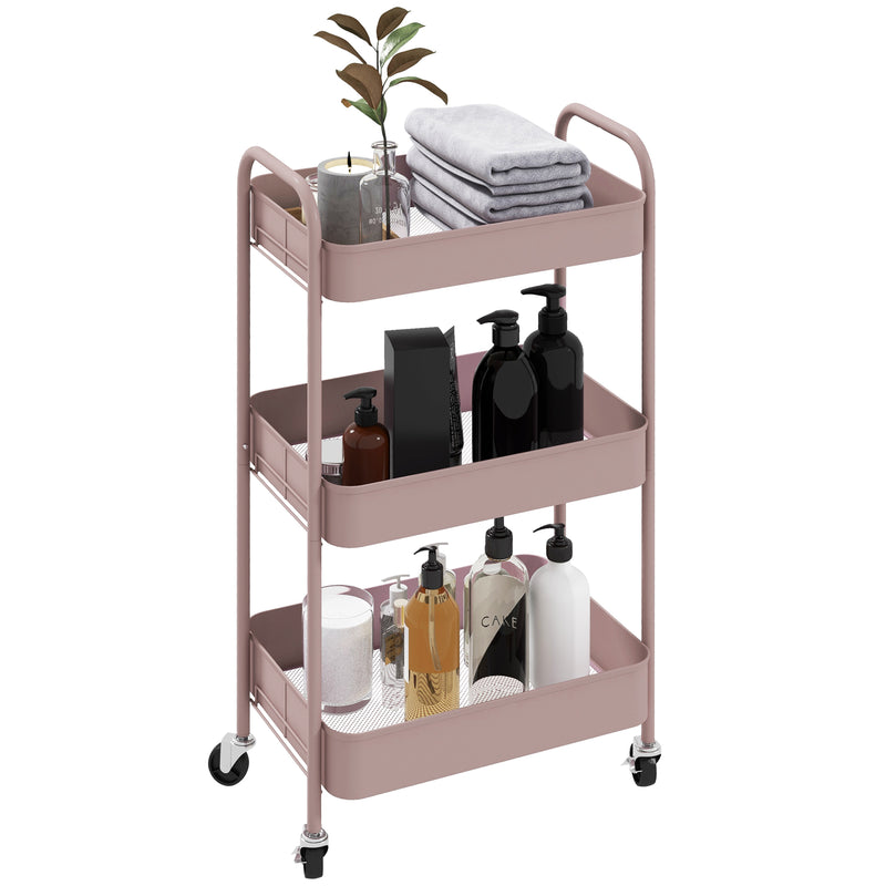 HOMCOM 3 Tier Rolling Utility Cart with 3 Mesh Basket, Pink