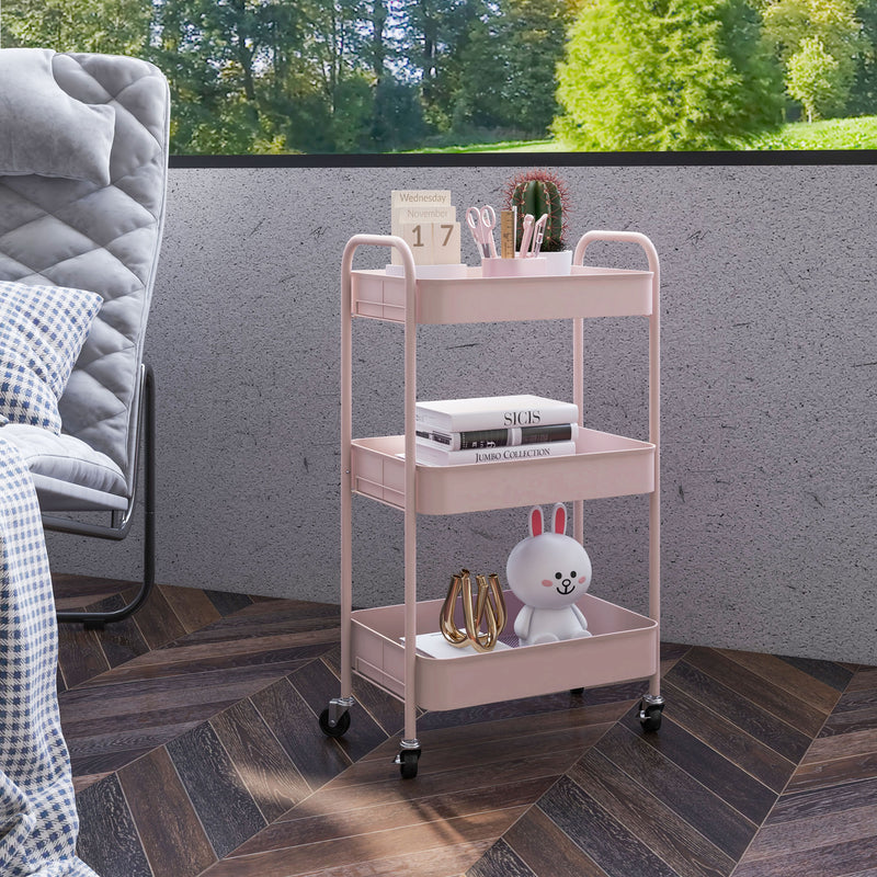 HOMCOM 3 Tier Rolling Utility Cart with 3 Mesh Basket, Pink